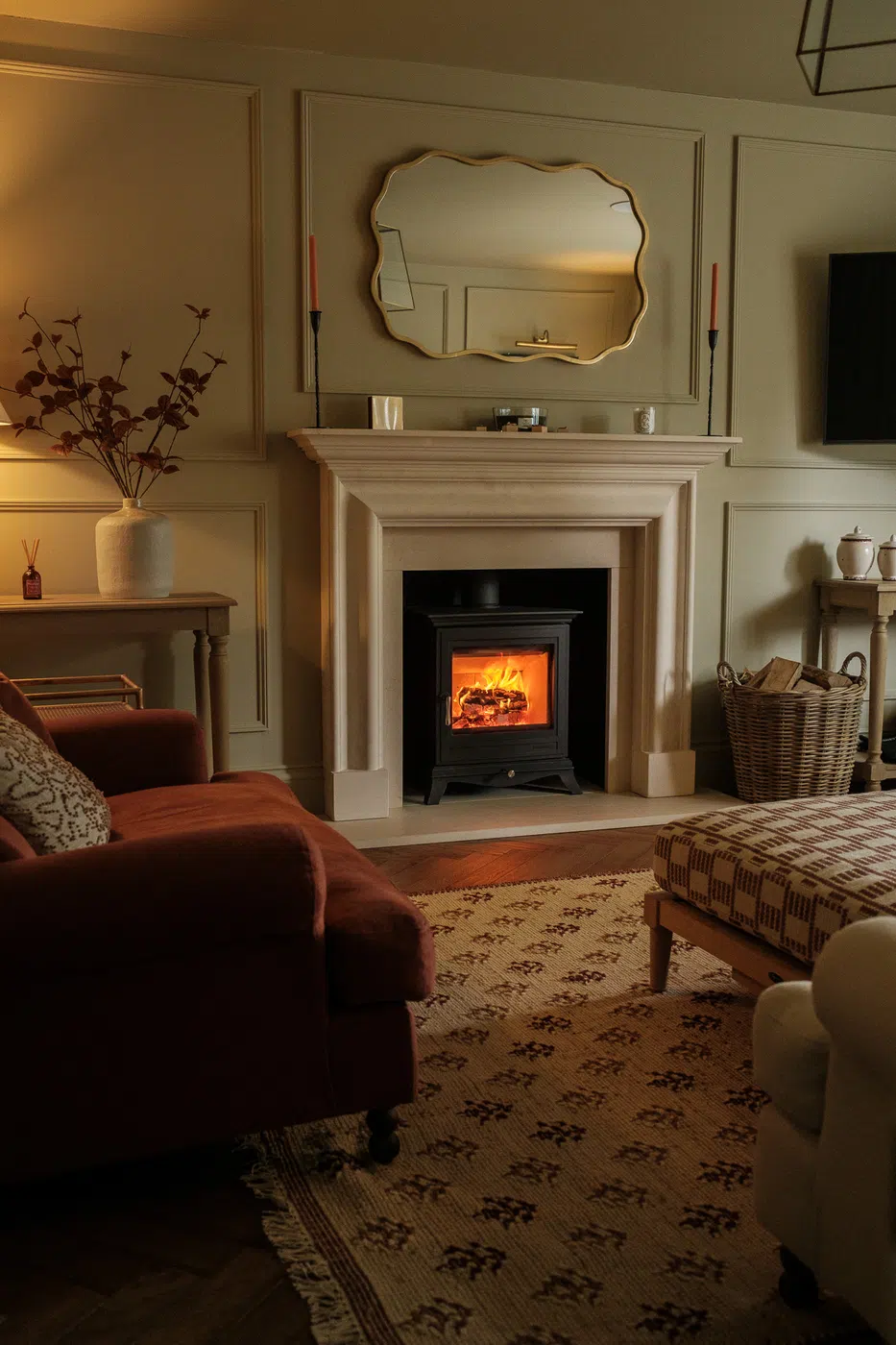 Wood Burning Stove In Fireplace Surround Detail